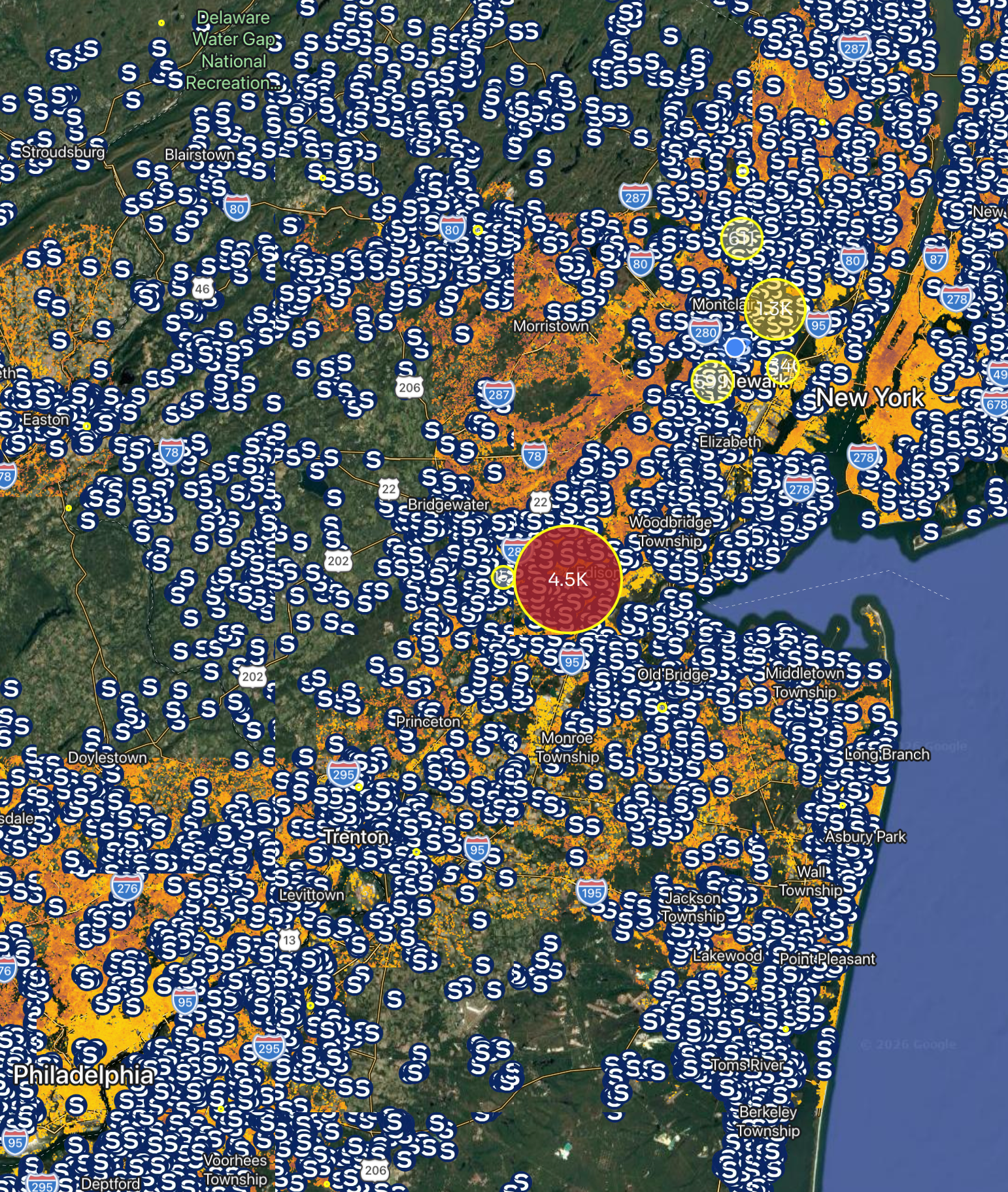 Sunrun solar installations map, New Jersey and New York region, 4,500 plus homes