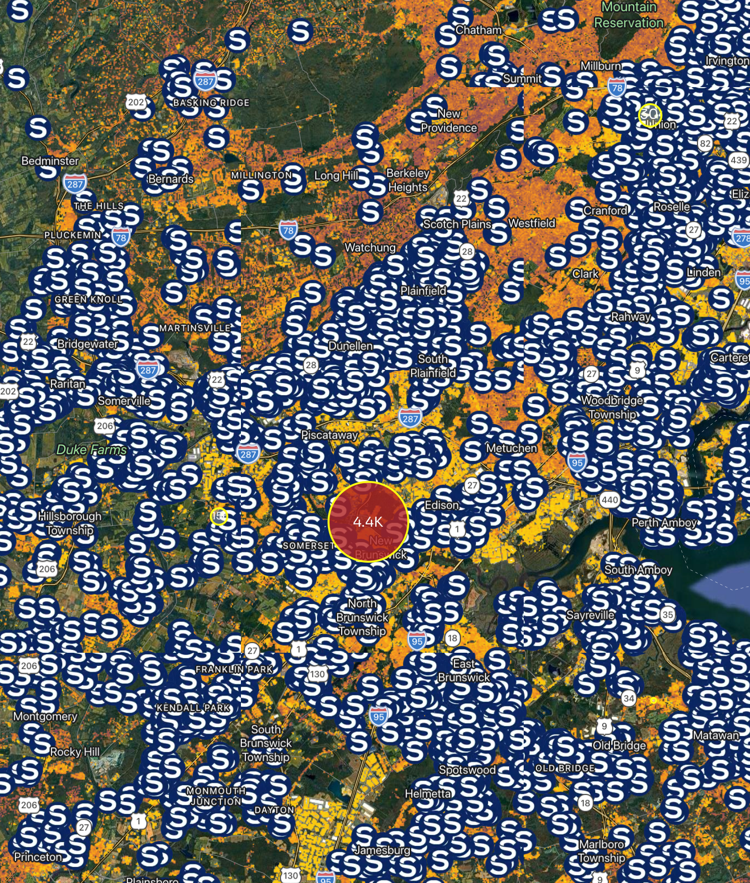 Sunrun solar installations map, central New Jersey, 4,400 plus homes